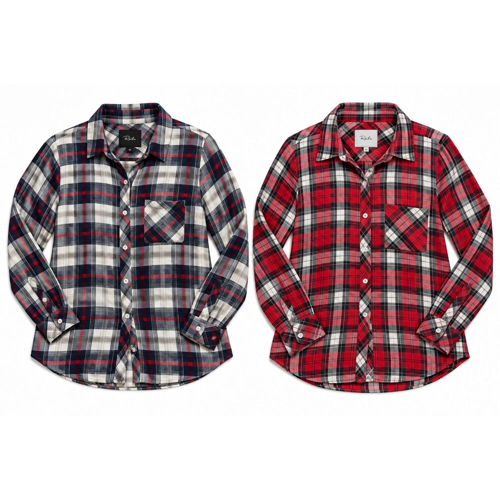 2 LOT Rails Hunter Womens Medium Plaid Shirts 100% Rayon Super Soft Button Down